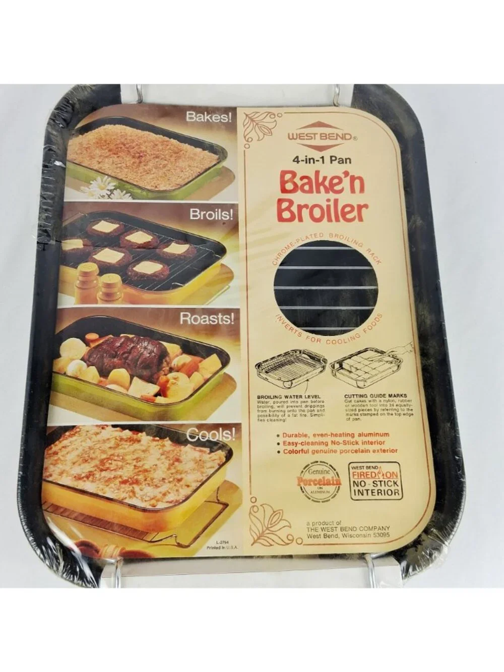 West Bend 4-In-1 Bake'n Broiler Pan Chrome-Plated Rack Durable Aluminum & Porcel